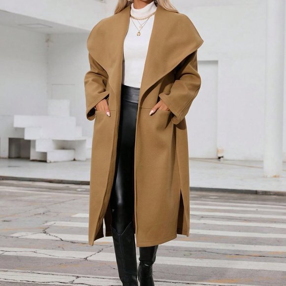 Khaki Preppy Womens Waterfall Collar Slant Pocket Overcoat - Picture 4 of 5